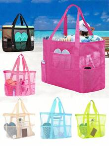 Mesh Beach Bag Large Beach Tote Bag, Multi-Use Organizer With Zipper Closure, Foldable Handy Large Mesh Tote Bag Lightweight For Family Beach Bag For Toys & Vacation Essentials, Suitable For Teen Girls Women College StudentsHoliday,Beach,Vacation,Outdoors, Travel, Outings - Multicolor - View 3