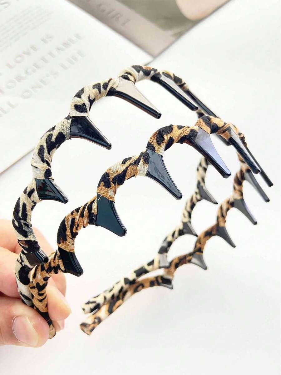 2 件套女士返校豹纹发箍套装，复古休闲可爱少女树脂材质，波浪刘海发箍组合，适合日常通勤装，发带，头带，锯齿形头带 - 彩色 - 查看 1