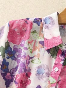 Plus Size Women's Short Sleeve Button-Down Shirt, All-Over Floral Print, Collared - Casual Daily, Festive, Travel Shirt Suitable For Spring, Summer, Autumn Evenings Pink - Pink - View 5