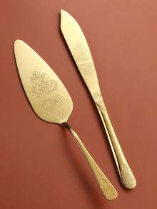 2pcs Stainless Steel Patterned Cake Server & Knife Set - Wedding Birthday Cake Spatula Bread Knife Pizza Shovel Dual-End Patterned Cutlery Flatware