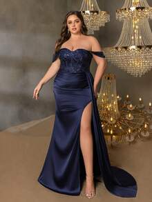 Faeriesty Elegancka, odsłaniająca ramiona, wysoko rozcięta, formalna suknia typu syrenka dla kobiet o większych rozmiarach - inspirowana projektantami suknia wieczorowa w dużych rozmiarach na wielkie wesela, uroczyste kolacje, ceremonie wręczania nagród, gale charytatywne i przyjęcia korporacyjne - Granatowy - Zobacz 4