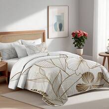 2/3 Pcs Golden Tropical Plant Print Quilt Set(1 Quilt + 1/ 2 Pillowcases), 100% Polyester Soft And Easy To Clean Bedspread Set, Summer Bedding Set, Lightweight And Breathable, Non-Slip And Machine Washable, Elegant And Stylish Room Decor - 時尚樹葉 - 查看 3