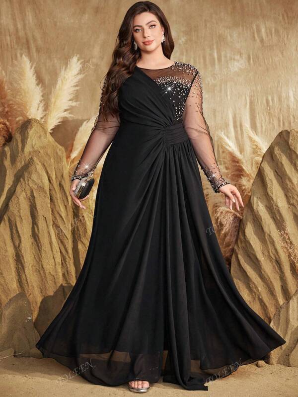 Plus Size Crew Neck Solid Color Beaded & Rhinestoned Ruffle Long Sleeve Sheer Mesh Panel Design Formal Dress