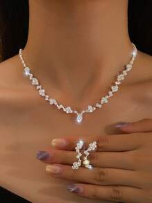 3pcs/Set Women Jewelry Necklace Earrings Set, Elegant Bridesmaid Accessories, Thanksgiving Gift Valentine's Day Accessories - Silver - View 2