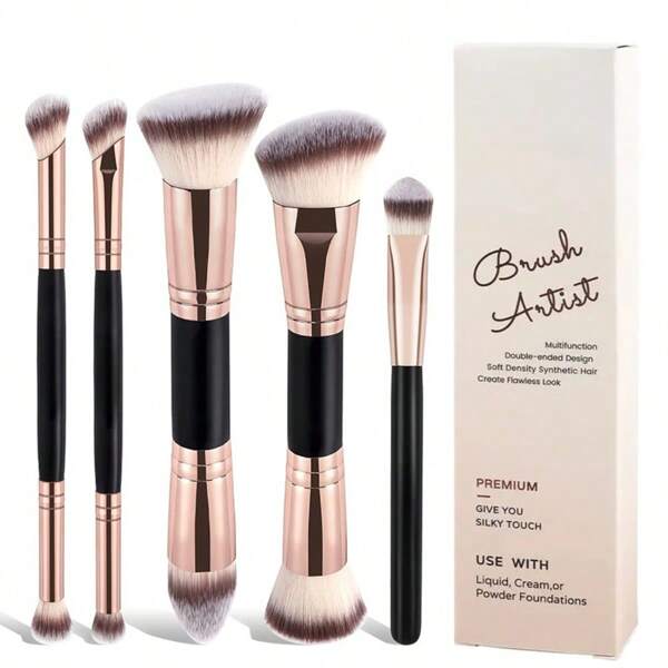 5-Piece Large Dual-Ended Makeup Brushes Set - Ultra-Soft Bristles, Includes Foundation/Contour/Blush/Powder Brushes, Professional Cosmetic Tools