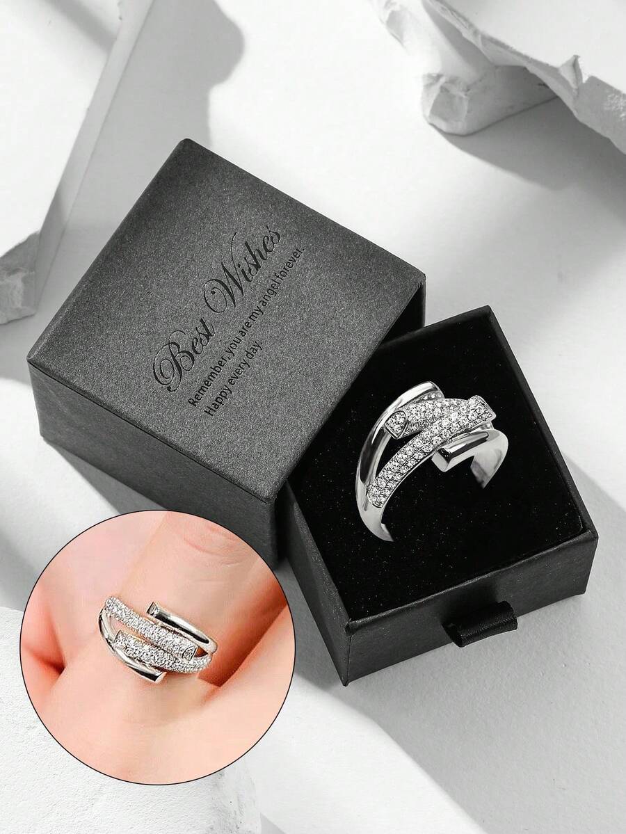Estuche de regalo: Anillo dorado elegante con diseño de línea cruzada con microincrustraciónde rhinestones, disponible en varios tamaños, adecuado para mujeres, boda, fiesta o regalo del Día de San Valentín - Plateado - Ver 1