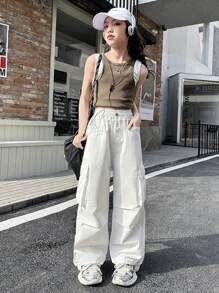 New Style Girls' Utility Pants, Casual Solid Color Trousers For Older Tween Girl