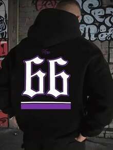 Plus Size Men's Creative 66 Number & English Letter Printed Casual Sports Commuter Hoodie Sweatshirt With Metal Zipper, Autumn/Winter