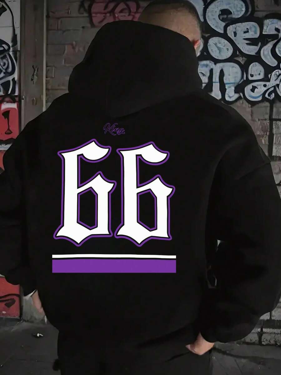 Plus Size Men's Creative 66 Number & English Letter Printed Casual Sports Commuter Hoodie Sweatshirt With Metal Zipper, Autumn/Winter