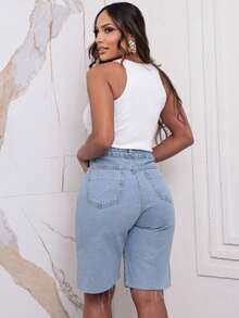 Women's Jorts Jeans Bermuda Shorts With Frayed Hem - 中等水洗藍 - 查看 4