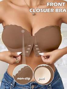 女士前扣式胸罩、无肩带胸罩、无缝上衣女士无线性感内衣、可拆卸衬垫、可调节内衣基本款管状胸罩、防滑硅胶软面料内衣、舒适衬垫吊带背心波浪边设计、完美搭配无肩带连衣裙前扣内衣 - 卡其色 - 查看 1