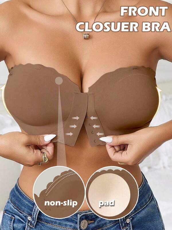 Women's Front Closure Bra,Strapless Bra,Seamless Top Women Push Up Wireless Sexy Underwear , Removable Padding, Adjustable Bandeau Intimates Lingerie Basic Tube Bras, Non Slip Silicone Soft Fabric Underwear, Transparent Shoulder Straps,Comfortable Padded Camisole Wavy Edge Design,Perfect With Strapless DressesFront Buckle Underwear