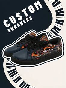 [Rock Music Festival Theme] Women's Custom Name Low-Top Sneakers, PU Upper Panel Shoes, Skull And Guitar Flame Print, Lightweight Unisex All-Season Casual Wear