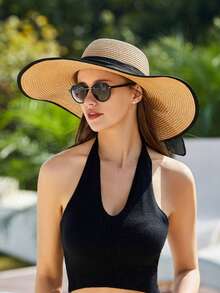 Sombrero de ala ancha para mujeres Sombrero de paja cómodo y elegante con lazo sombrero de playa de verano proteccion solar moda - Negro - Ver 8