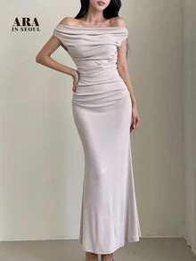 ARA CHIC 米色优雅单肩褶皱领口系腰性感裹臀鱼尾修身长裙，女士款 - 早春夏季宴会派对新款 - 米色 - 查看 1