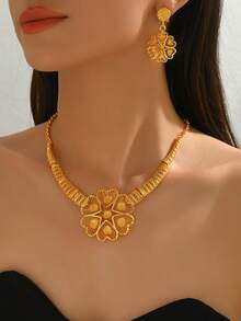 Set de 3 bucăți de colier și cercei cu ciucuri, placat cu aur, de epocă, cu design de flori goale, elegant pentru femei, potrivit pentru nunți și petreceri