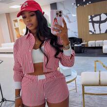 Striped Long Sleeve Shorts Set With Lapel - Hot Pink - View 2