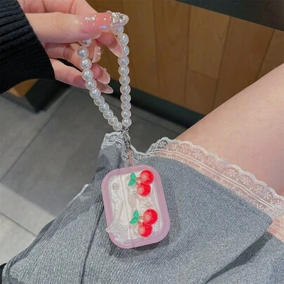 奶油色樱花手机壳，配珍珠手链，可爱保护套，兼容苹果手机