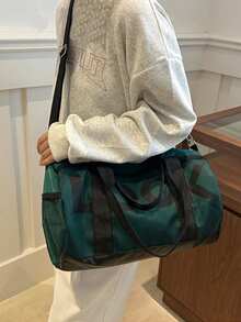 大容量尼龙字母装饰短途旅行行李袋，适合健身房、瑜伽、学生返校，男女通用健身包跑步配件运动包女士 - 綠色 - 查看 2