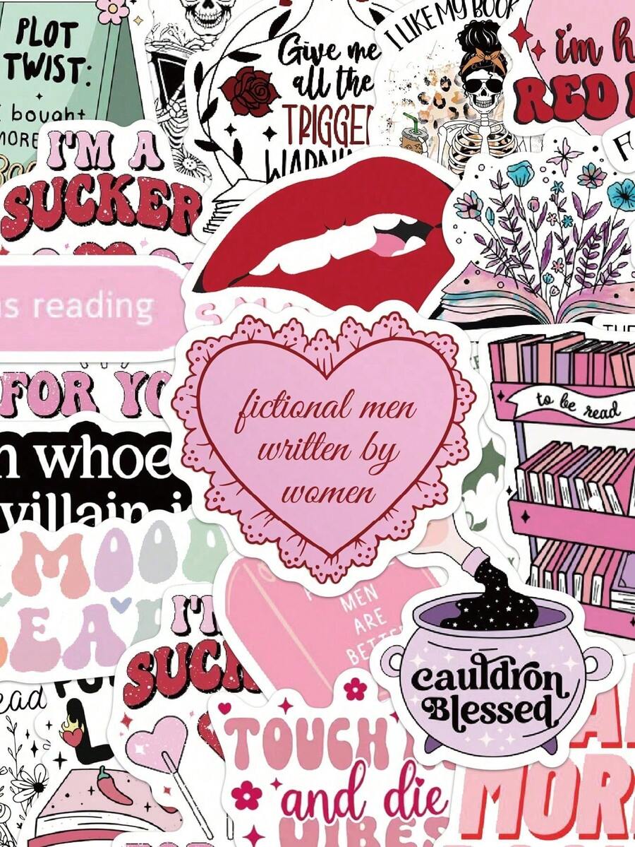 50pcs Romantic Reading Stickers Laptop Handbook Cell Phone Case Decorative Stickers Glossy Film,School Supplies,Back To School - Multicolor - View 1