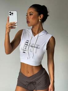 Women's White Fashionable Hooded Drawstring Sleeveless Letter Print Sports Top