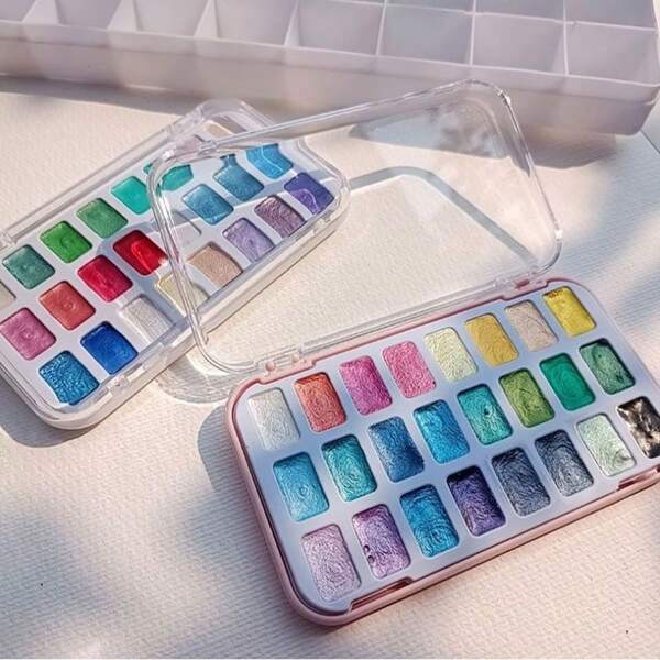 24 Colors Metallic Pearlescent Solid Watercolor Paint Set With Gold Shimmer Effect - Ideal For Nail Art, Thangka Painting, Gilding And Art Design - Compact Portable Palette