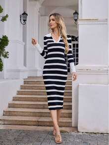 New Elegant Turndown Collar Long Sleeve Striped Knit Dress
