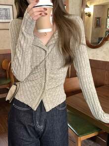 Camiseta casual de manga larga de un solo pecho con pliegues de unicolor, primavera - Albaricoque - Ver 2