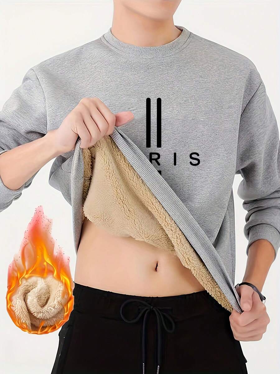 Men's Letter Graphic Print Crew Neck Sweatshirt, Loose Fit, Warm Lining, Long Sleeve Grey Sweatshirt Men, Crew Neck Long Sleeve Drop Shoulder Warm Fleece Casual Pullover Sweatshirt,For Autumn/Winter