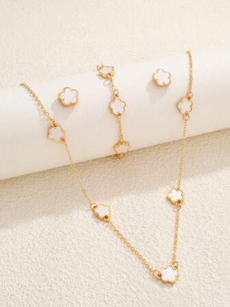 4 pièces/set Collier, bracelet, boucles d'oreilles ensemble de bijoux avec trèfle et fleur à cinq pétales, collier, bracelet et boucles d'oreilles porte-bonheur polyvalents