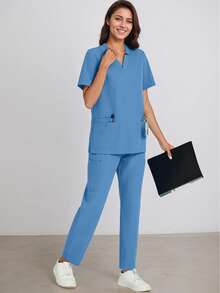 Conjunto de uniforme de uniforme de manga curta e calça de cor sólida - Azul - Ver 6