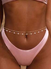 2 pièces Chaîne de taille double couche en faux perles à la mode pour femmes, convient pour l'été, chaîne de corps pour la plage, l'école