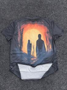 Men's Vintage Silhouette Tree Sunset Forest Scene Graphic Short Sleeve T-Shirt, Streetwear Style For Summer