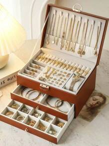 三层大容量珠宝收纳盒，便携式珠宝收纳盒，梳妆台带抽屉珠宝收纳盒，礼品皮革珠宝盒，精美展示包装收纳容器返校