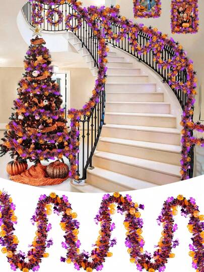 万圣节装饰，万圣节金属丝花环，橙色南瓜黑蜘蛛紫色蝙蝠，闪亮金属扭曲花环，适用于家居树室内外派对装饰