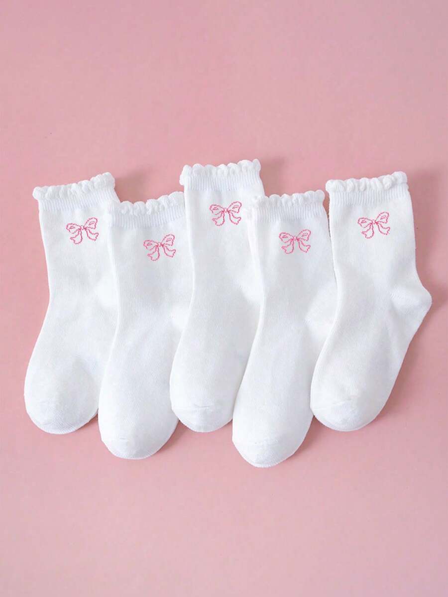 5 双春夏季薄款儿童袜子,女童中筒袜,带蕾丝花边和蝴蝶结图案,时尚卡通设计,透气舒适柔软吸湿排汗中筒袜,适合学生返校、郊游、聚会、户外运动、度假和日常穿着 - 彩色 - 查看 1
