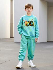 2 sztuki/zestaw: bluzka z długim rękawem i spodniami dresowymi dla starszych chłopców z nadrukiem w plamy farby, modny dres w stylu ulicznym na wiosnę, jesień i zimę - Miętowy Zielony - Zobacz 2