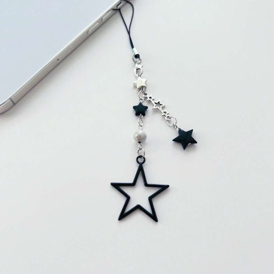 Y2K Style Beaded Five-Pointed Star Black Star Sweet & Cool Millennium Pop Girl's Lanyard, Phone Strap, Bag Charm, Versatile Accessory - Black - View 1