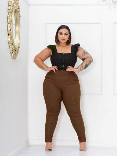 CALÇA ALFAIATARIA PLUS SIZE BENGALINE SOFISTICADA CINTO FIVELA ELEGANTE FRISO FRONTAL