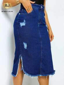 Premium Denim Skirt With Side Slit And Destroyed Detail