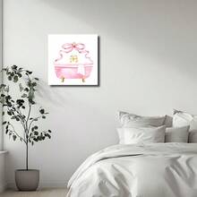 1pc Framed Canvas Wall Art, Pink Bathroom Vintage Bow Art Print Canvas Poster Painting Wall Decor, Ideal Gift For Bedroom Living Room Hallway Dorm, Ready To Hang