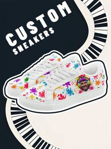 [音乐节主题] 定制照片和名字低帮运动鞋，PU 鞋面面板，彩色泼墨印花，轻便舒适时尚男女通用设计