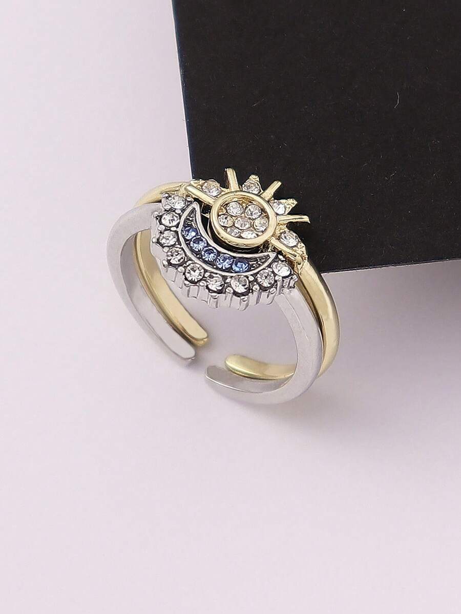 1 Pair Fashionable Rhinestone Star & Moon Design Stackable Copper Rings, Suitable For Women Casual, Dating, Valentine's Day, Wedding, Birthday Gifts - Sun and Moon Ring - View 1