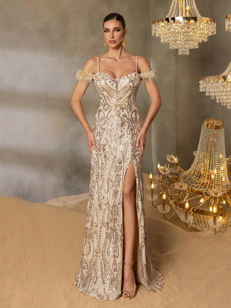 Faeriesty Abito da sera lungo fino ai piedi con spalline sottilissime in tessuto con paillettes, con dettagli ricamati e spacco laterale - perfetto per serate di gala, red carpet ed eventi formali (Collezione autunno/inverno) - Champagne - Visualizzare 1