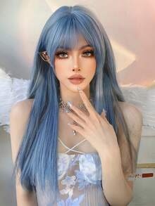 Long Blue Lolita Style Wig For Women - Heat-Resistant Straight Synthetic Hair, Fantasy Cosplay And Party Wear, Black Mesh Shoulder Sleeves, Gold Necklace, Perfect For Role Play And Themed Events, Cosplay Wig | Lolita Style Wig | Heat-Resistant Wig - 藍色 - 查看 3