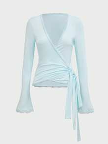 性感 V 领蕾丝套头修身长袖上衣，优雅飘逸的裹肩带，休闲约会，春秋季 - 薄荷藍 - 查看 2