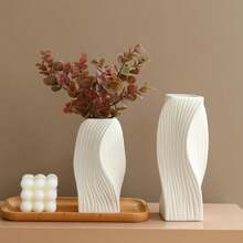 1pc White Minimalist Plastic Vase Anti-Fall Wear-Resistant Modern Style Lines And Geometric Design Vase Suitable For Hotel Family Bedroom Balcony Living Room Party Table Decoration Home Decor Room Decor Flower Vase Glass Vase - Multicolor - View 10
