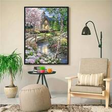 1 pieza Kit de pintura de diamantes DIY, paisaje de río y cabaña, decoración de pared para el hogar, bordado de diamantes de taladro completo, disponible en varios tamaños