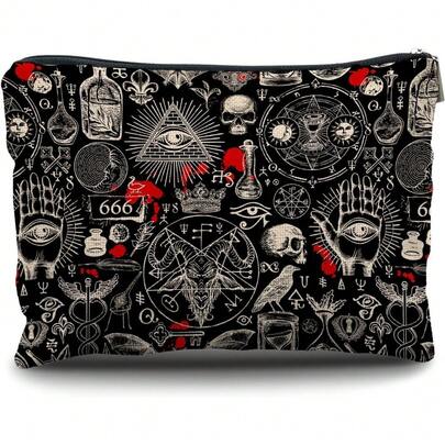 1 pieza, Bolsa de cosméticos con estampado de calavera, pentagrama y poción - Estilo academia gótica oscura, bolsa reutilizable para medicamentos, estuche para lápices con estética de bruja, bolsa de maquillaje, bolsa de almacenamiento para viajes y cosméticos - Adecuado para la escuela, decoración del hogar, almacenamiento de joyas, bolsa de aperitivos, bolsa de viaje de 9 "x 6" para artículos escolares, vacaciones, regreso a la escuela, bolsa de viaje para mujeres