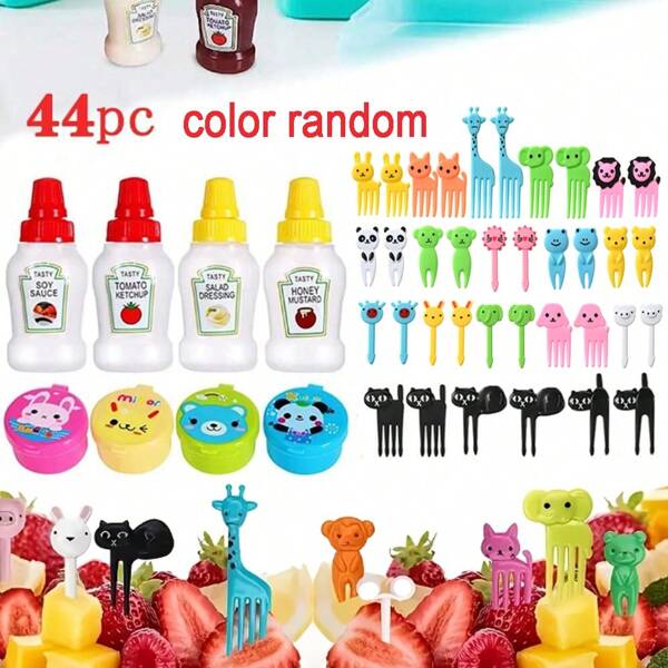 4/12/44/88pcs Lunch Box Accessories Set, Mini Seasoning Bottles, Salad Sauce Containers, Cartoon Animal & Fruit Forks, Assorted Colors Christmas Gift